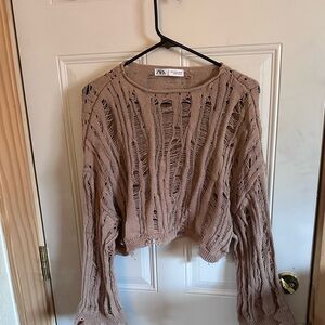 Zara taupe distressed crew neck dolman sleeve knit sweater Small